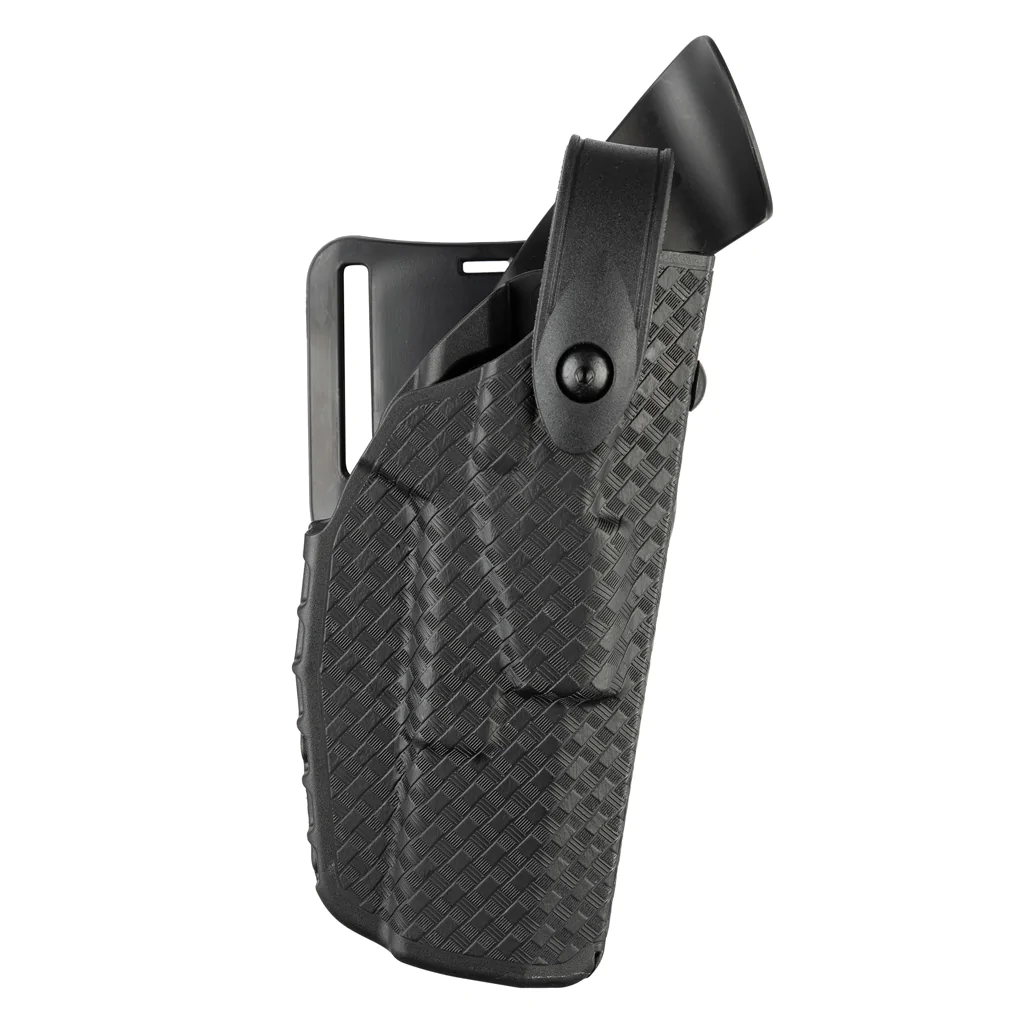 Safariland Model 7280 7TS SLS mid-ride holster for Glock 19 with compact light, showcasing textured design and UBL attachment.