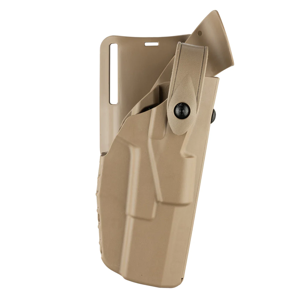 Safariland Model 7285 7TS SLS Low-Ride Duty Holster for Sig Sauer P320 in tan color, featuring Self Locking System and molded sight track.