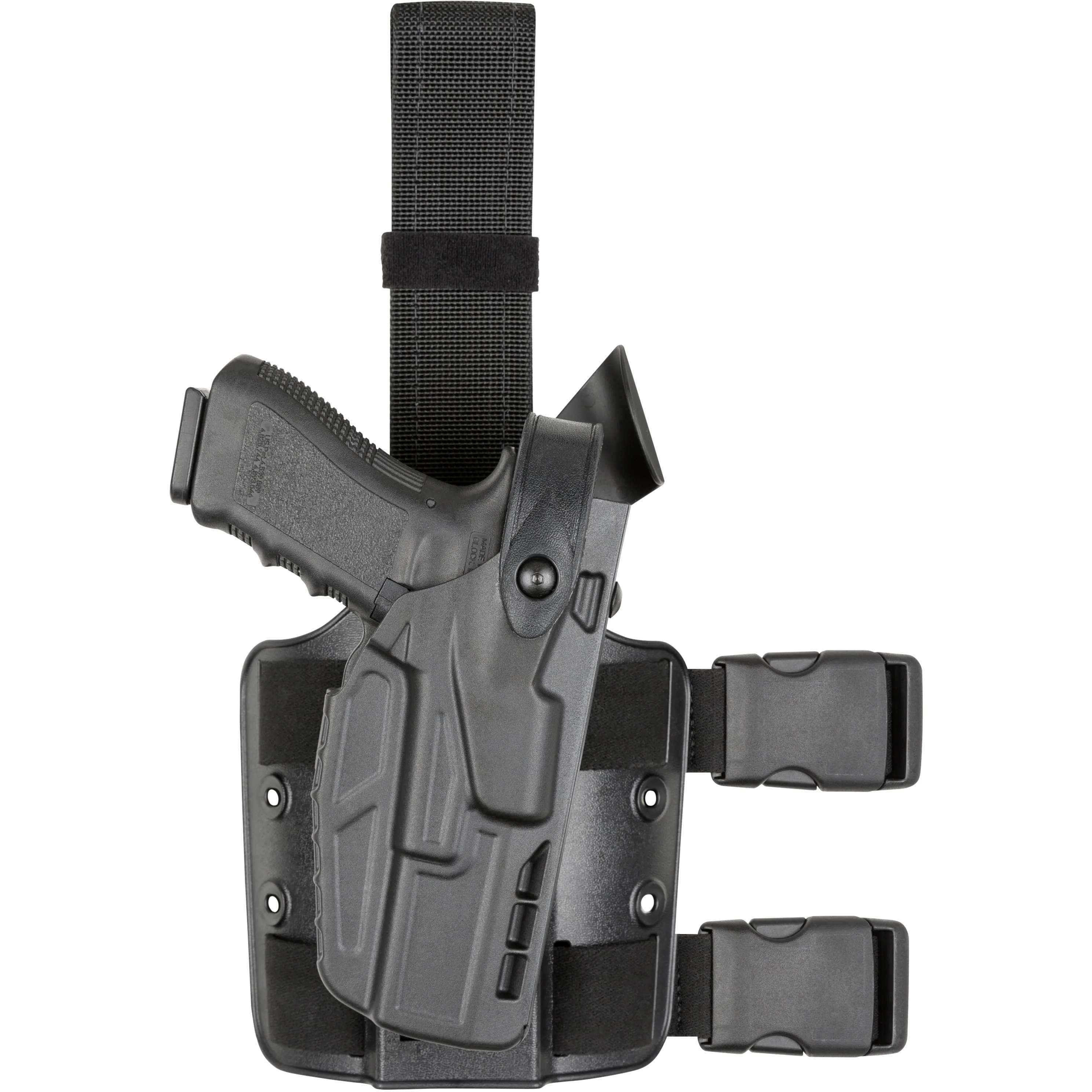 Safariland Model 7304 7TS ALS/SLS Tactical Holster for H&K P2000 DAO showing secure retention design and drop-rig features.