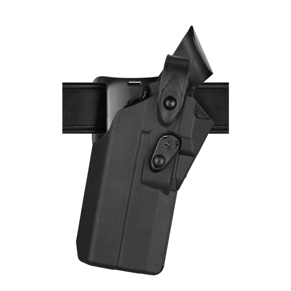 Safariland 7360RDS 7TS Mid-Ride Duty Holster mounted on a belt for Sig Sauer P320 with light, featuring ALS retention system.