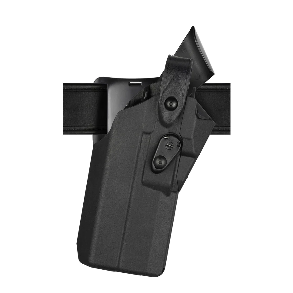 Safariland 7360RDS 7TS ALS/SLS Mid-Ride Duty Holster securely mounted on a belt for Glock 17 MOS with light.