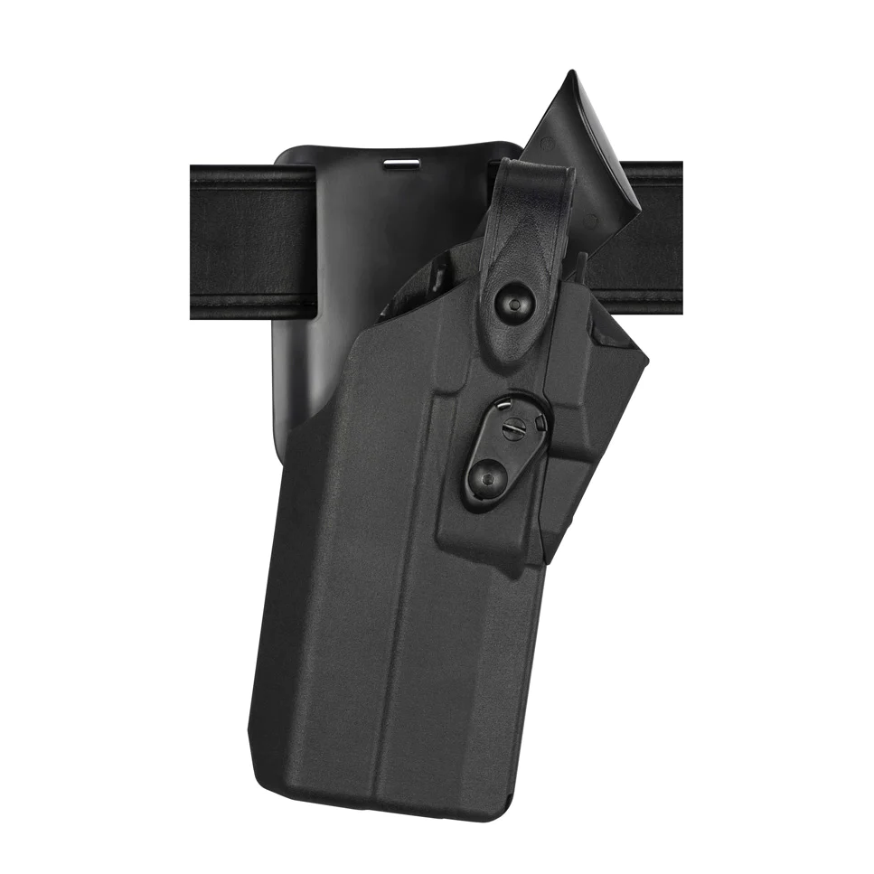 Safariland Model 7365RDS Low-Ride Duty Holster securely mounted on a belt, designed for Glock 19 with red dot optics.