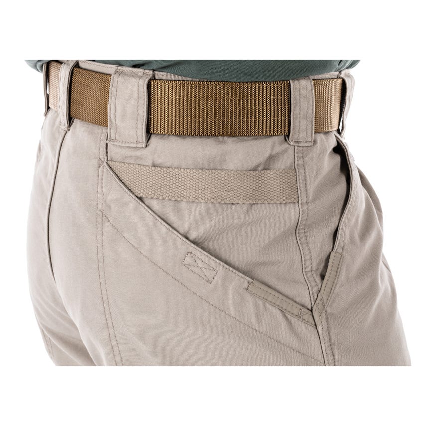 Close-up of 5.11 Tactical 100% Cotton Canvas Pants with utility pockets and durable belt, showcasing their practical design.