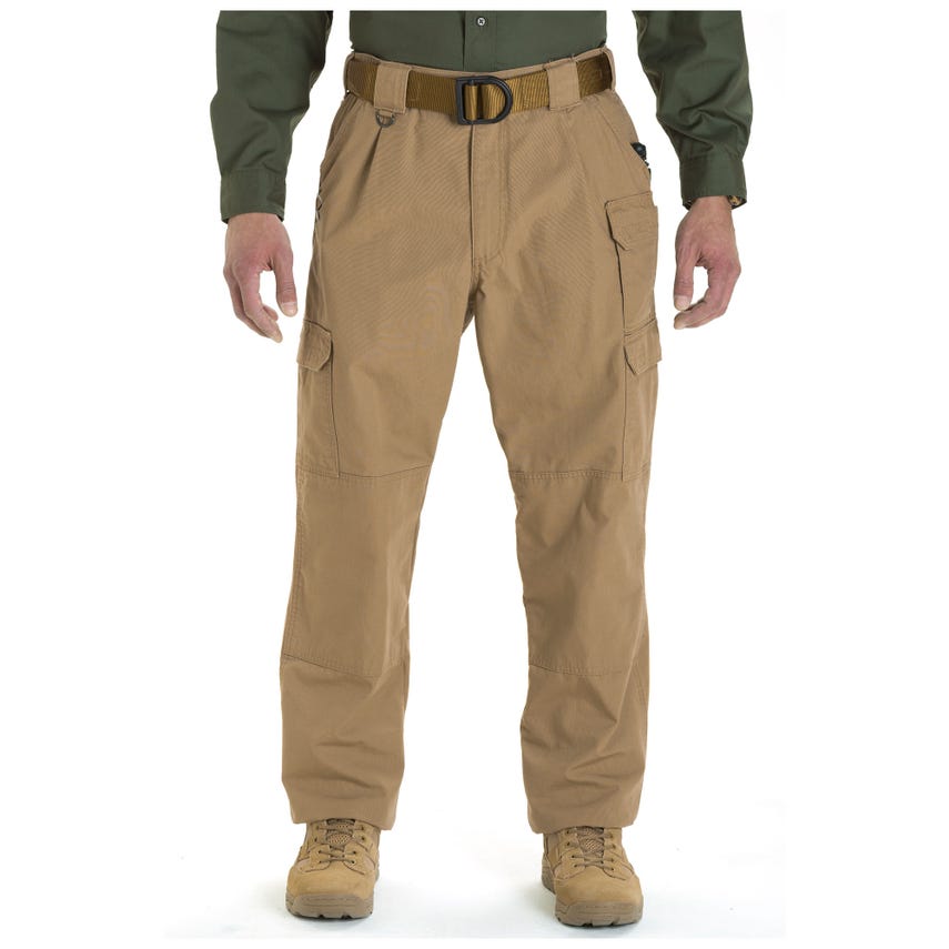 5.11 Tactical 100% Cotton Canvas Pants in tan, featuring cargo pockets and a sturdy belt for enhanced utility and comfort.