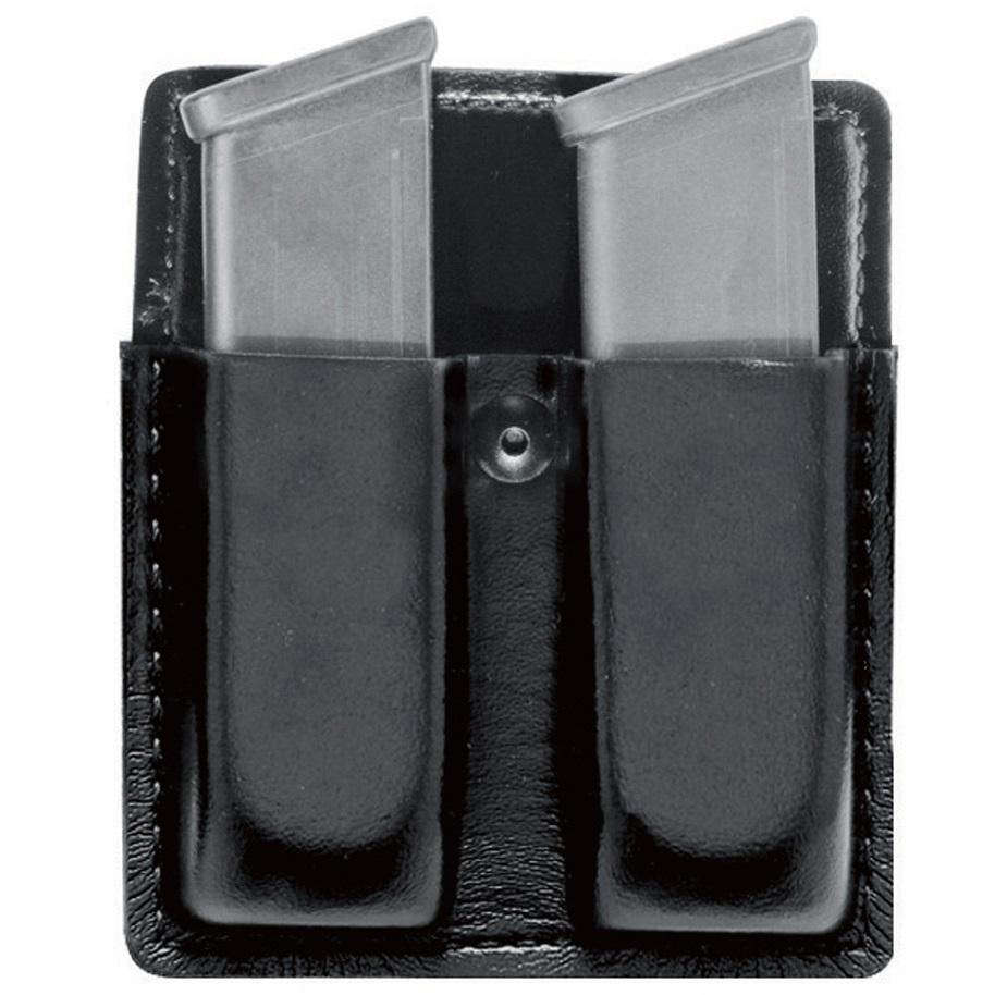 Safariland Model 75 Open Top Double Magazine Pouch holding two magazines on a black background.