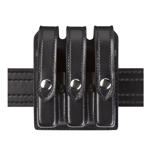 Safariland 777 Slimline Triple Magazine Pouch designed for duty belts, featuring three magazine slots and adjustable tension.