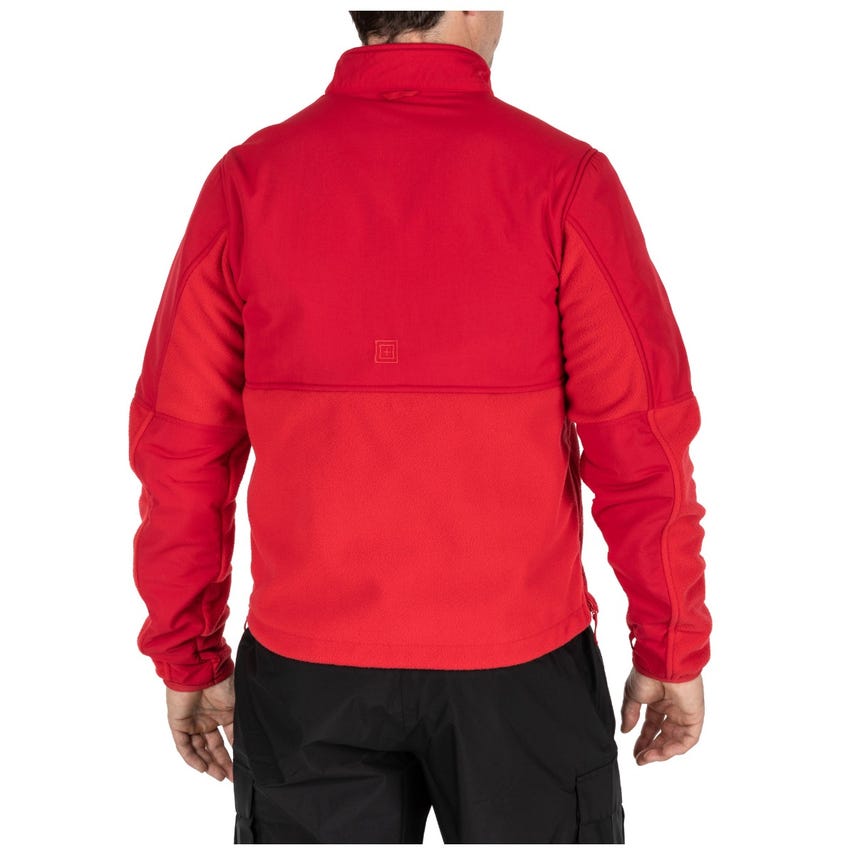 man wearing a red 5.11 Tactical Fleece 2.0 jacket from the back, showcasing its warm and functional design.