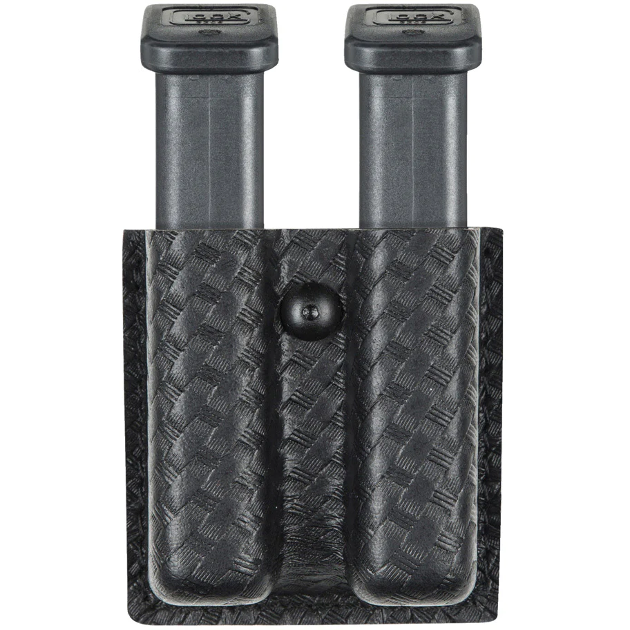 Safariland 79 Slimline Open Top Double Magazine Pouch in black basket weave, Model 79, front view