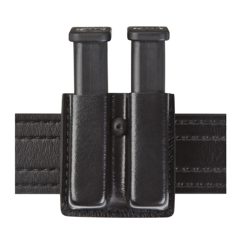 Safariland 79 Slimline Open Top Double Magazine Pouch with two magazines attached to a duty belt, designed for optimal space-saving.