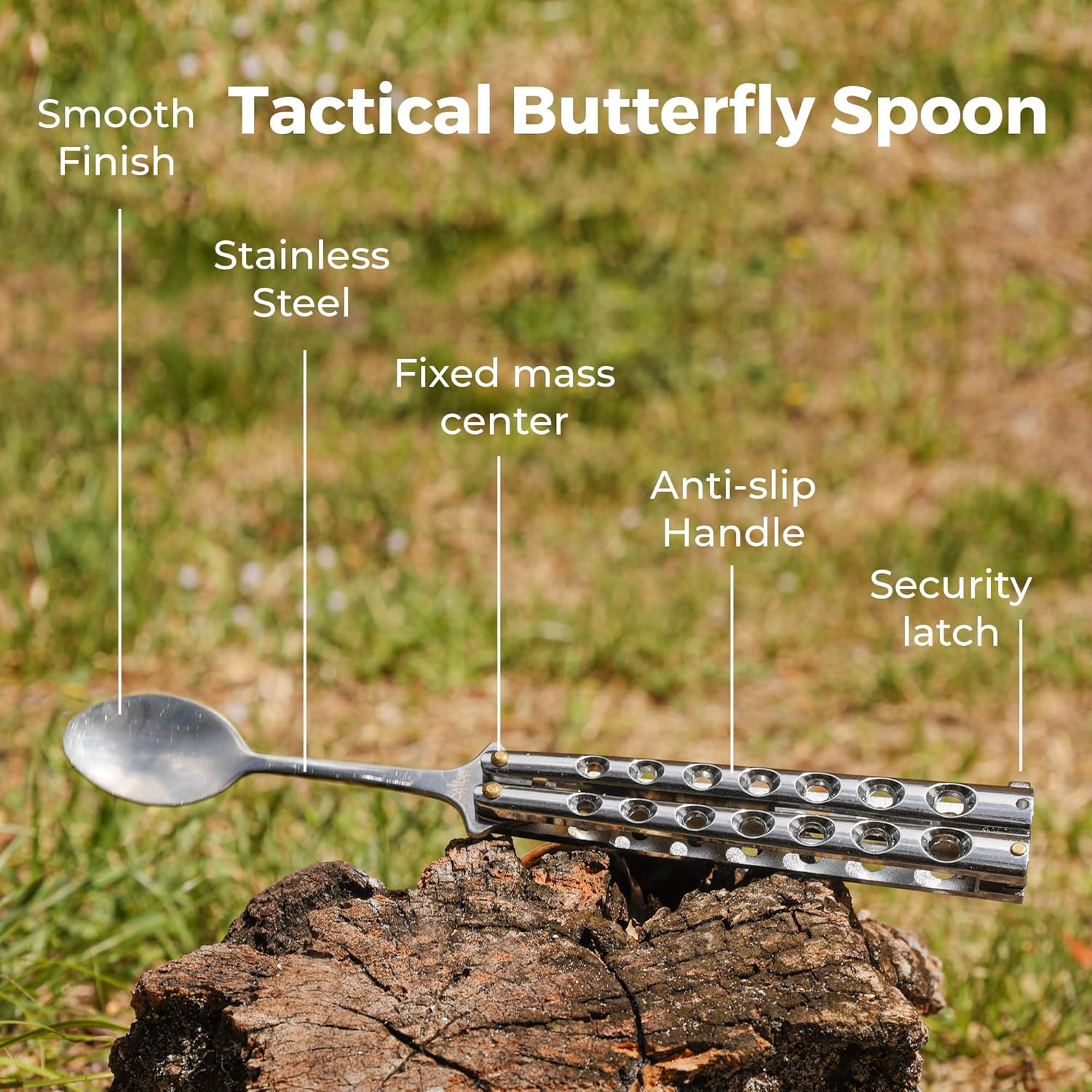 UZI Butterfly Spoon showcasing stainless steel, anti-slip handle, and security latch on a rustic log background.