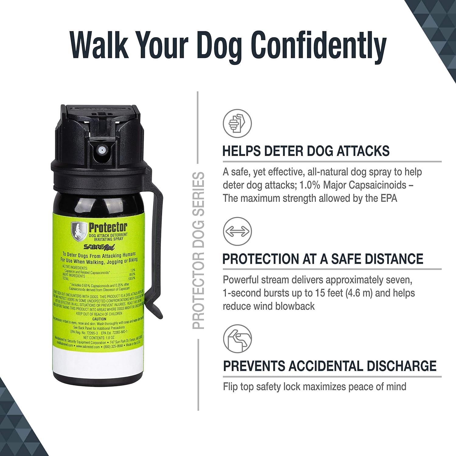 Sabre Protector SRP-MK3 Dog Pepper Spray & Belt Clip, Fast Flip Top Safety, 7 Bursts, 15-Foot