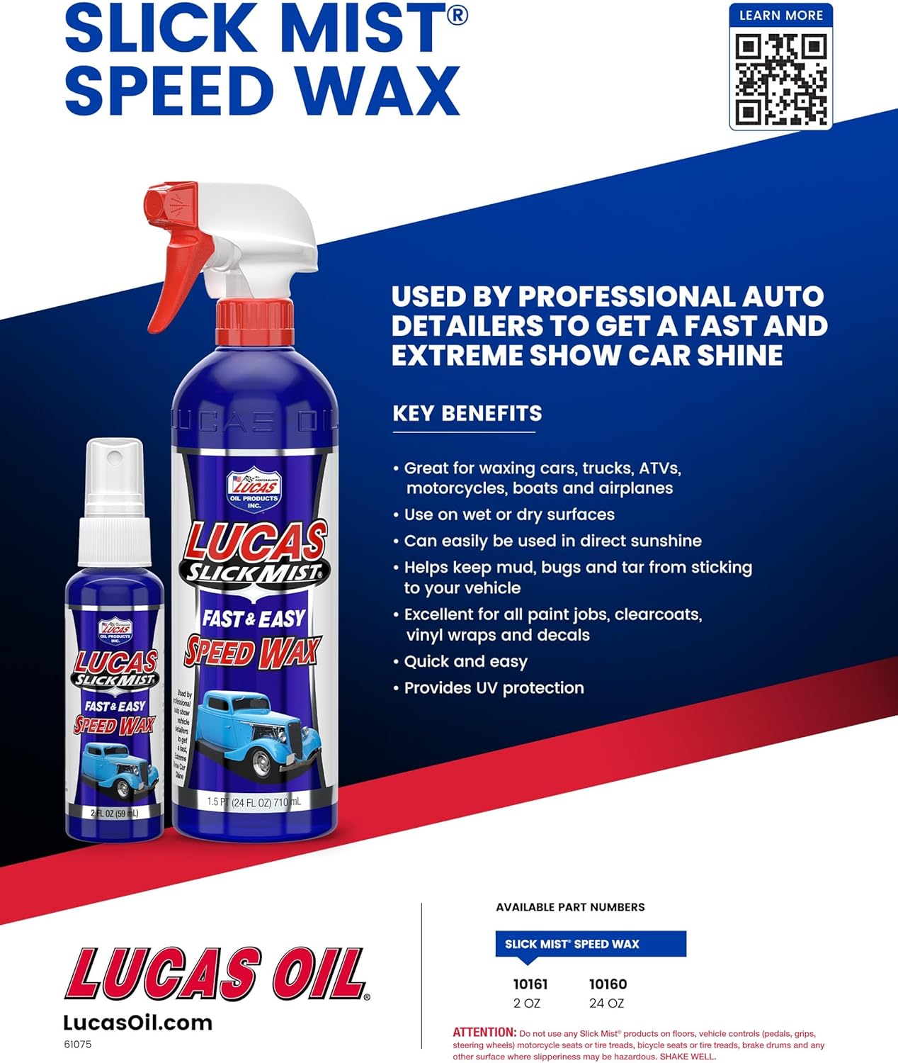 Lucas Oil Slick Mist Speed Wax advertisement with product packaging and text on a blue and red background.