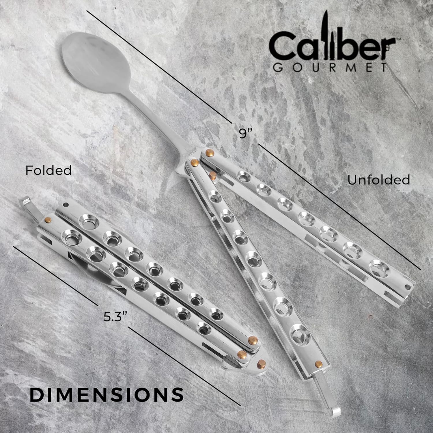 Dimensions of the Caliber Gourmet UZI Butterfly Spoon, showing folded size (5.3