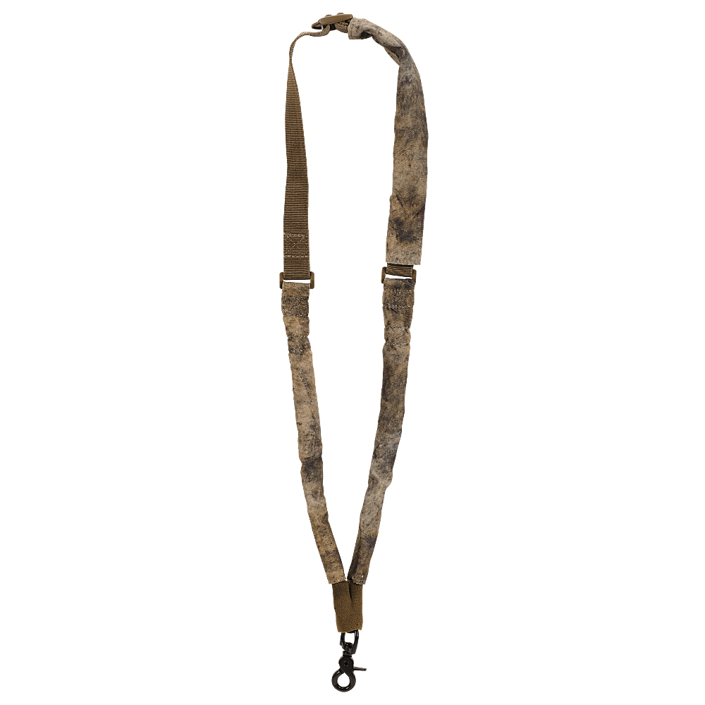 Camouflage-patterned lanyard with metal clip on a white background