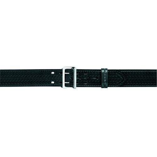 Black Sam Browne duty belt with silver buckle, featuring a basketweave design and adjustable fit for security and durability.