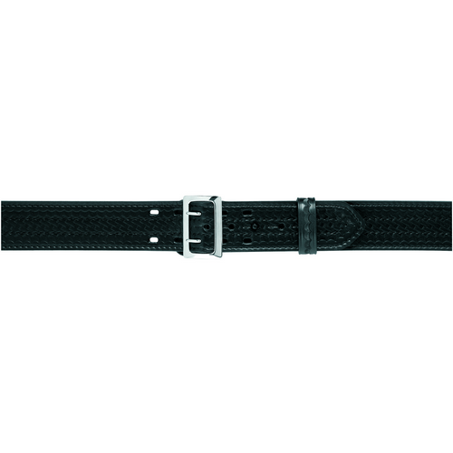 Safariland 875 stitched edge Sam Browne duty belt close-up showing black finish and chrome buckle detail.