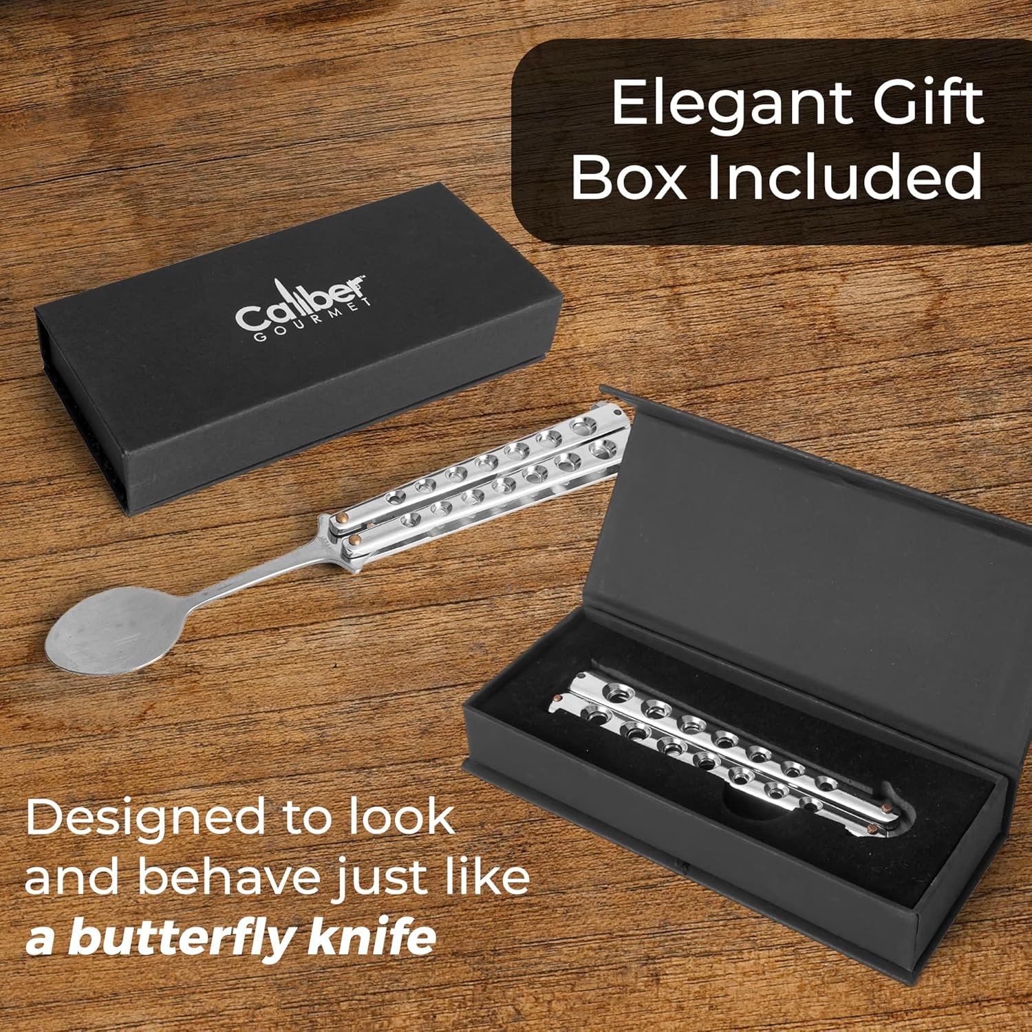 UZI Butterfly Spoon in elegant gift box, designed to mimic a butterfly knife for safe flipping fun.