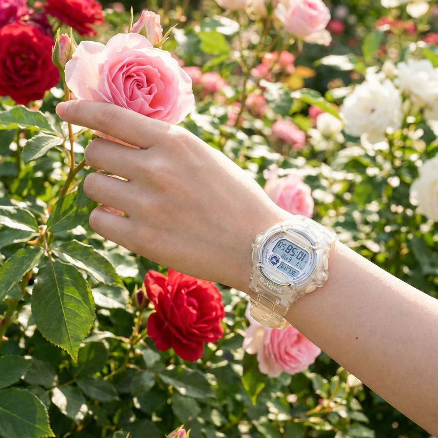 Hand wearing a watch with flowers in the background