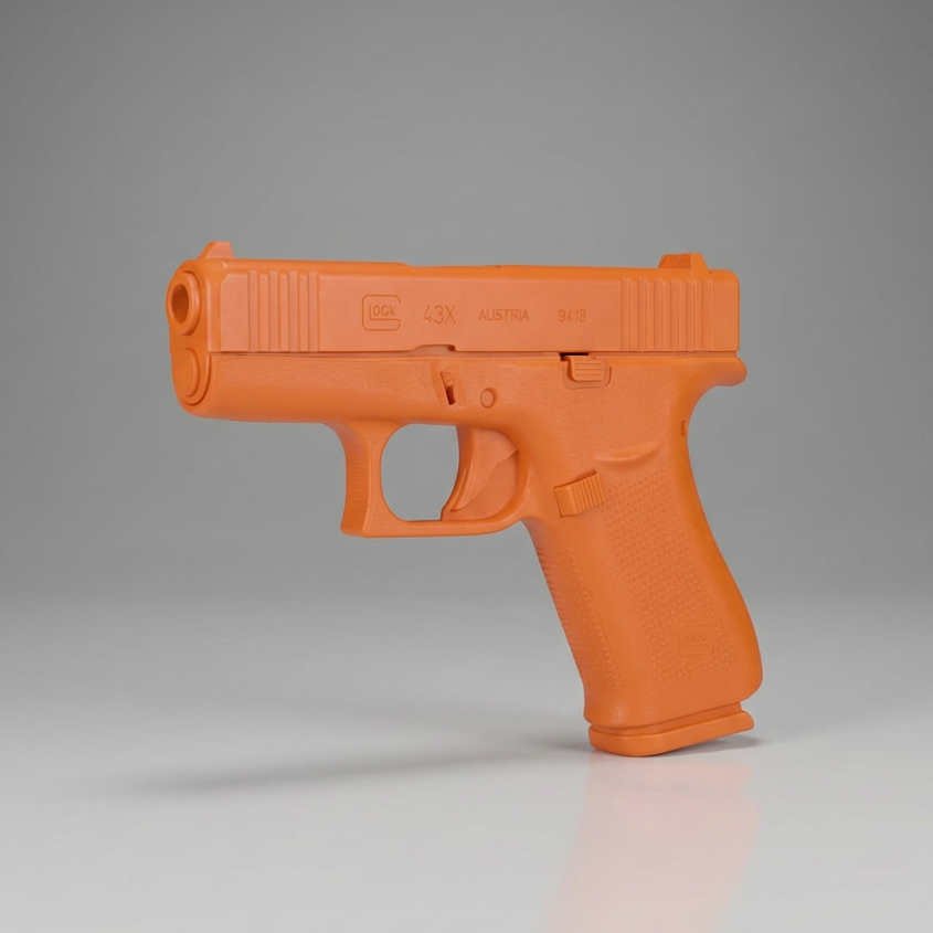 Orange training gun on a gray background