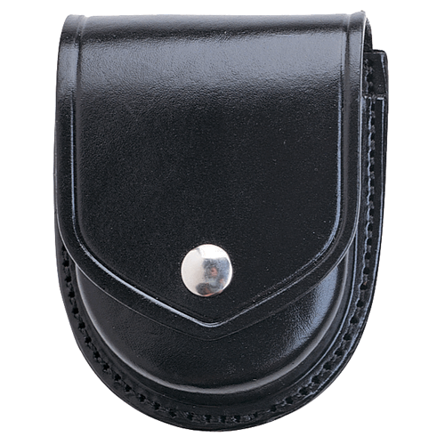 Aker Leather Double Handcuff Case in black, featuring a secure top flap and snap closure, designed for holding two pairs of handcuffs.