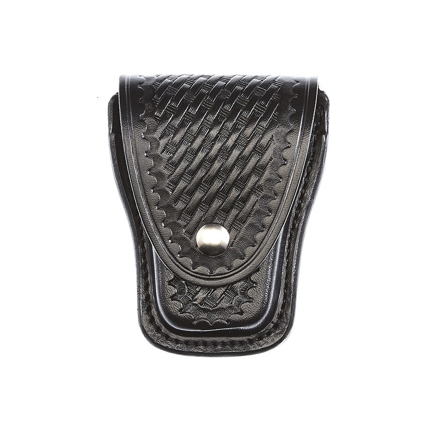 Black leather pouch with embossed pattern and metal button on a white background
