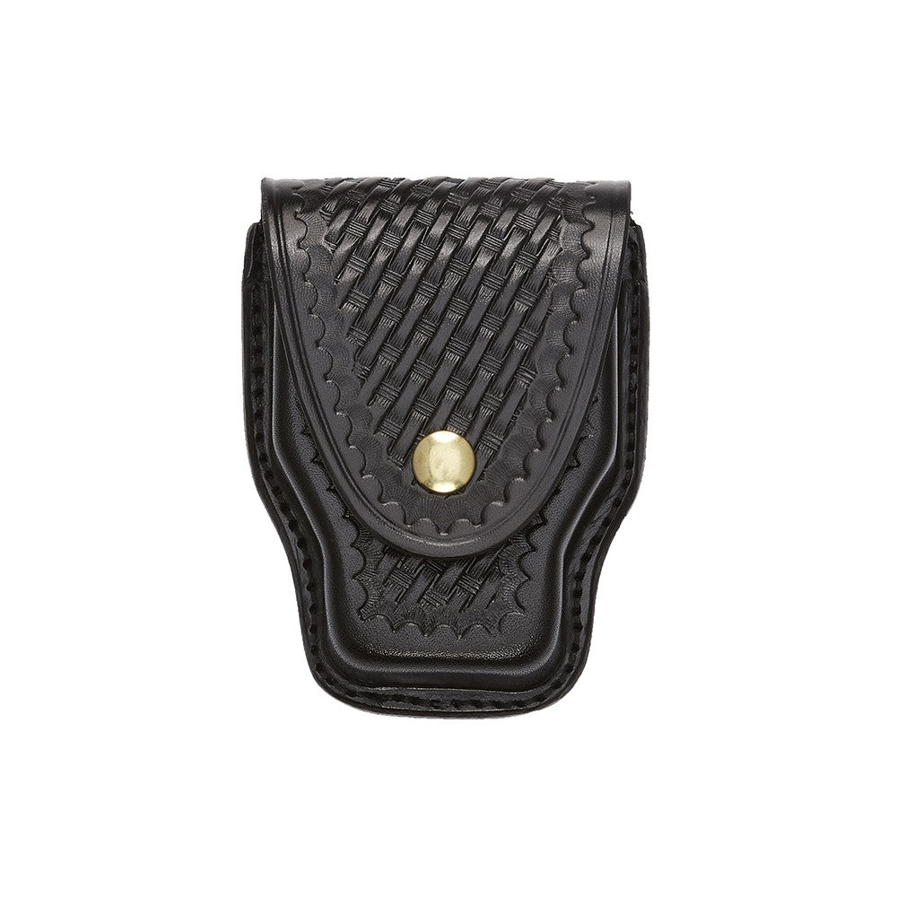 Aker Leather Handcuff Case in black with woven design and brass snap closure, compatible with standard handcuffs.