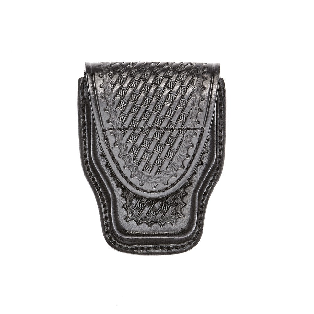 Aker Leather Handcuff Case in black, featuring a woven design and durable snap closure for secure handcuff storage.