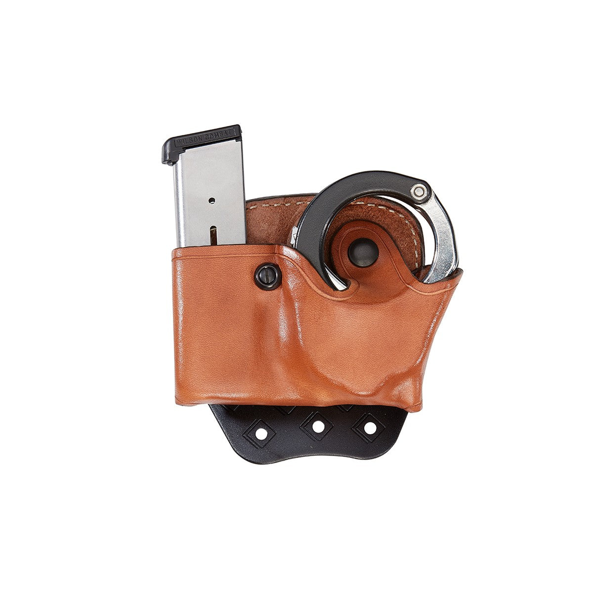 Aker Leather D.M.S. ASP Cuff/Mag Combo pouch displaying magazine and handcuff in high-quality tan leather.