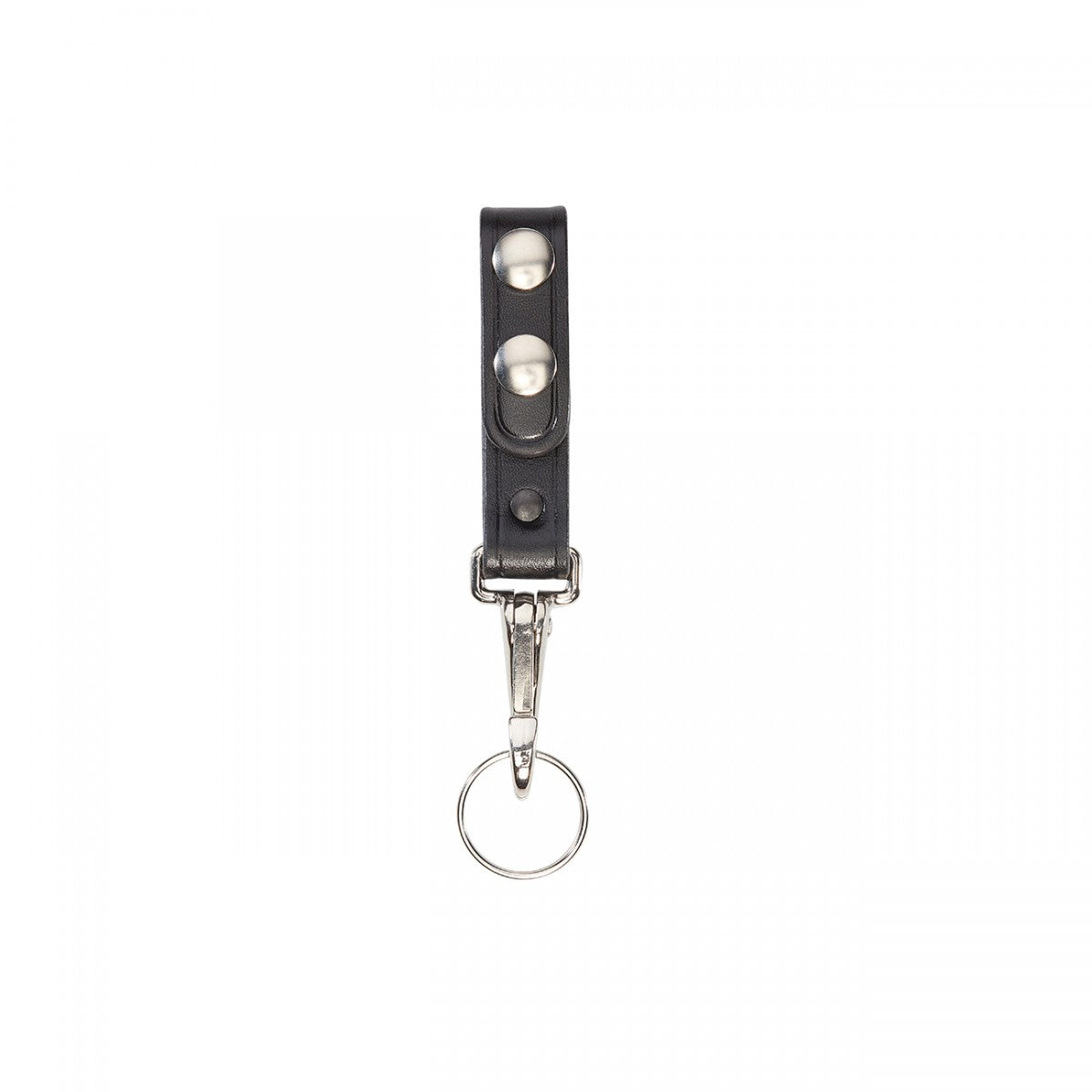 Aker Leather Single Key Strap in black with solid brass snaps and spring hook, designed for belts up to 2-1/4 inches wide.