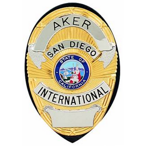Aker Leather Shield Badge Holder featuring a San Diego, California law enforcement badge design with detailed emblem.