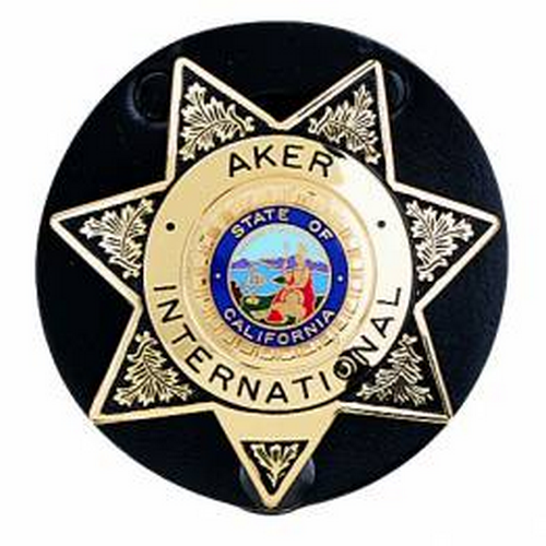 Aker Leather Star Badge Holder featuring a gold star design and California emblem, perfect for secure badge clipping.