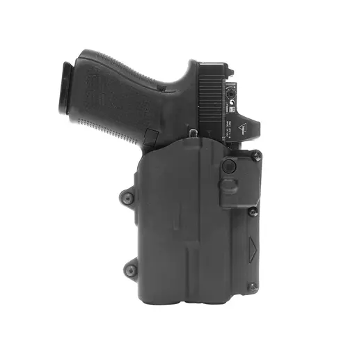 Alien Gear Rapid Force Level 2 Slim Holster showing side view with pistol and attachment in sleek black design.