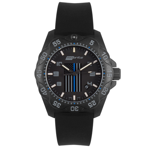 Isobrite Law Enforcement T100 Tritium Illuminated Watch with black silicone band and blue accents. Swiss made timepiece design.