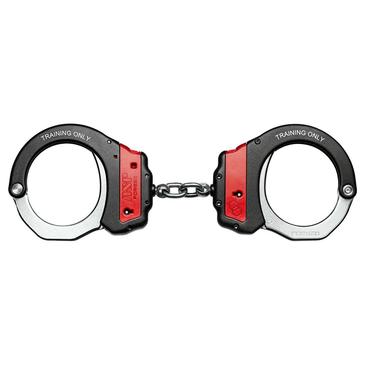 ASP Training Ultra Plus Chain Cuffs in red, designed for realistic training with keyless opening mechanism.