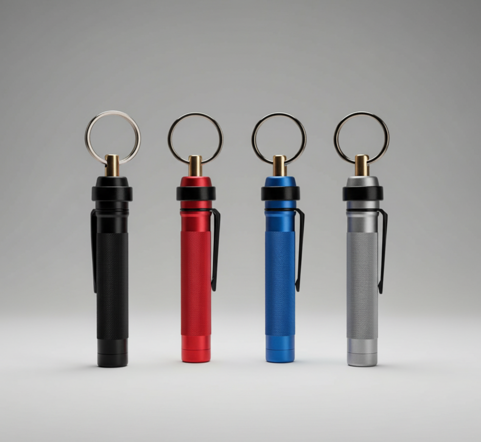 ASP Palm (Compact) Metro Defender D1 OC Spray (black, red, blue, silver) on a gray background