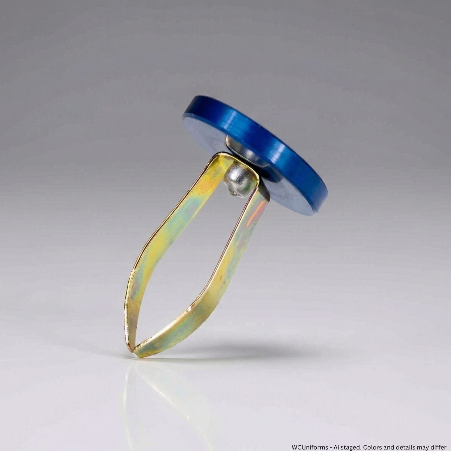 Metallic blue and gold baton retaining clip on a gray background