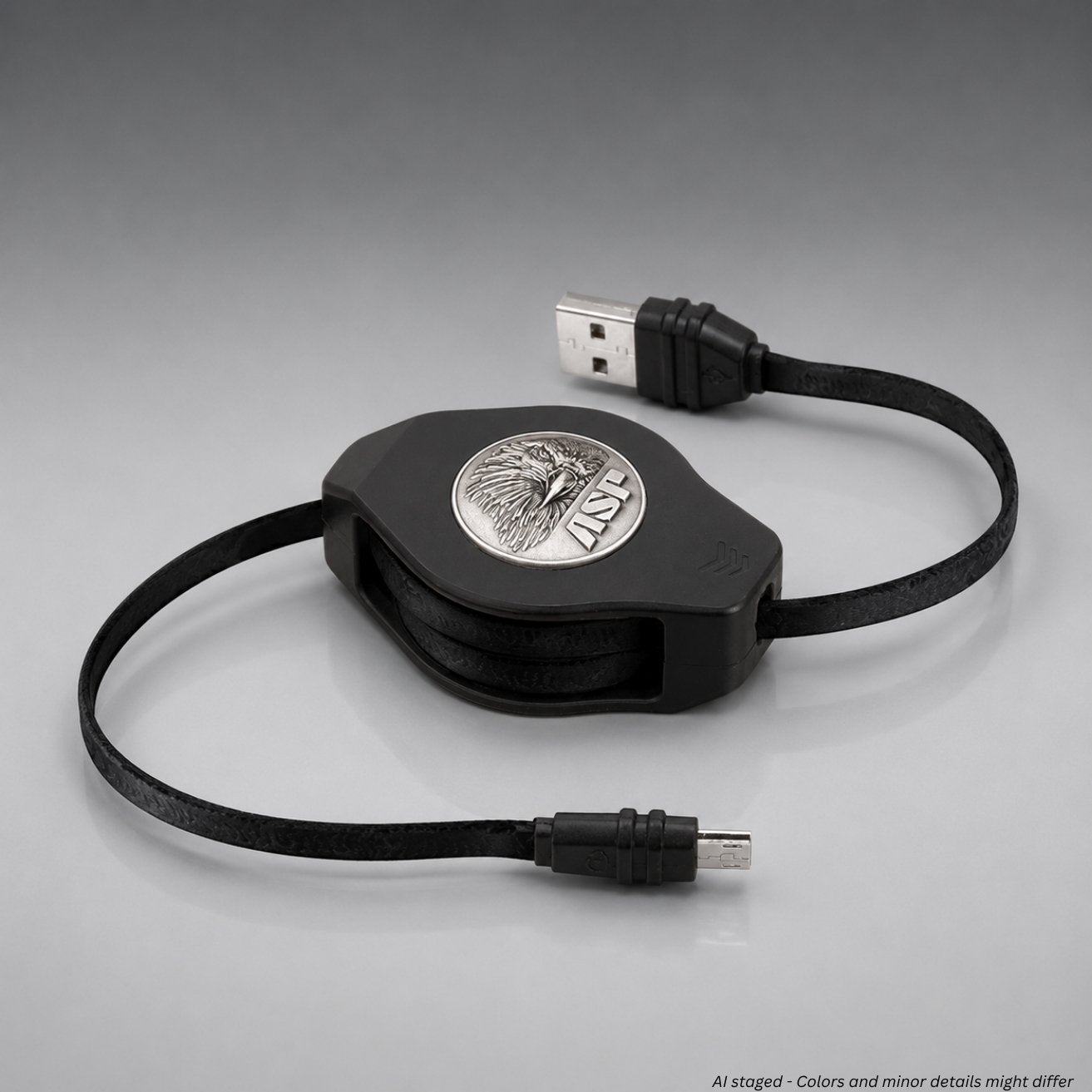 Retractable USB cable with a black case on a gray background
