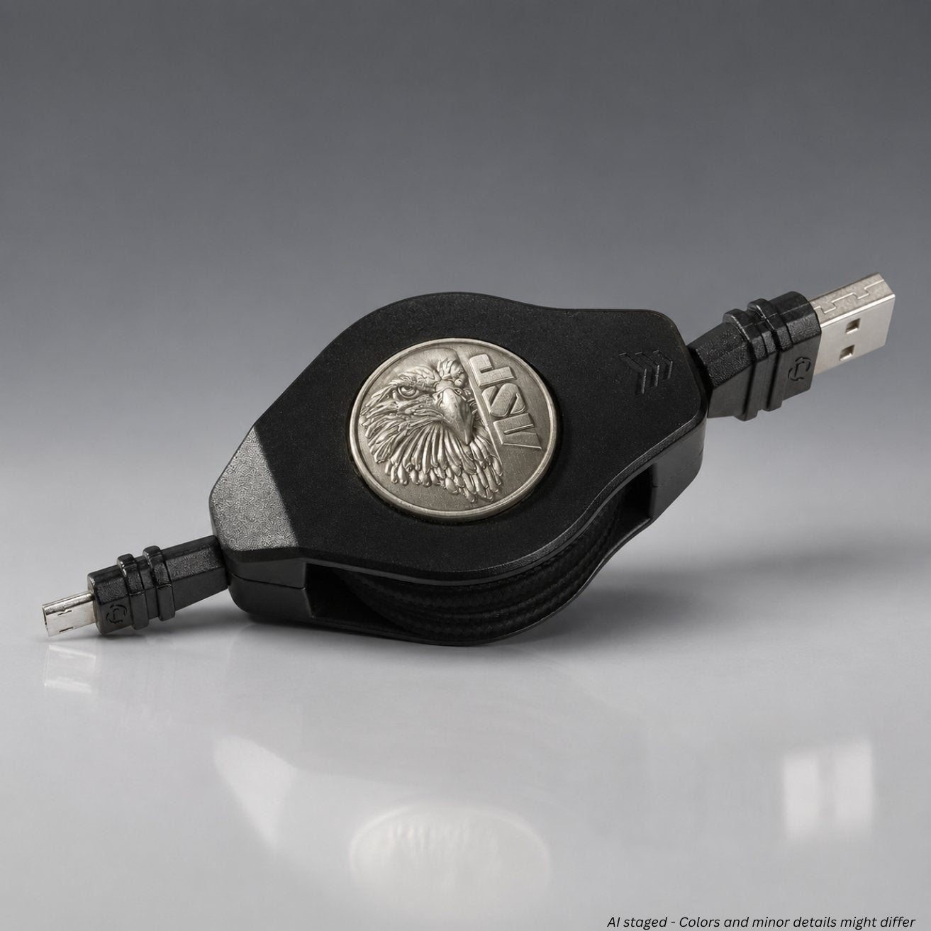 Retractable USB cable with a coin-shaped emblem on a gray background
