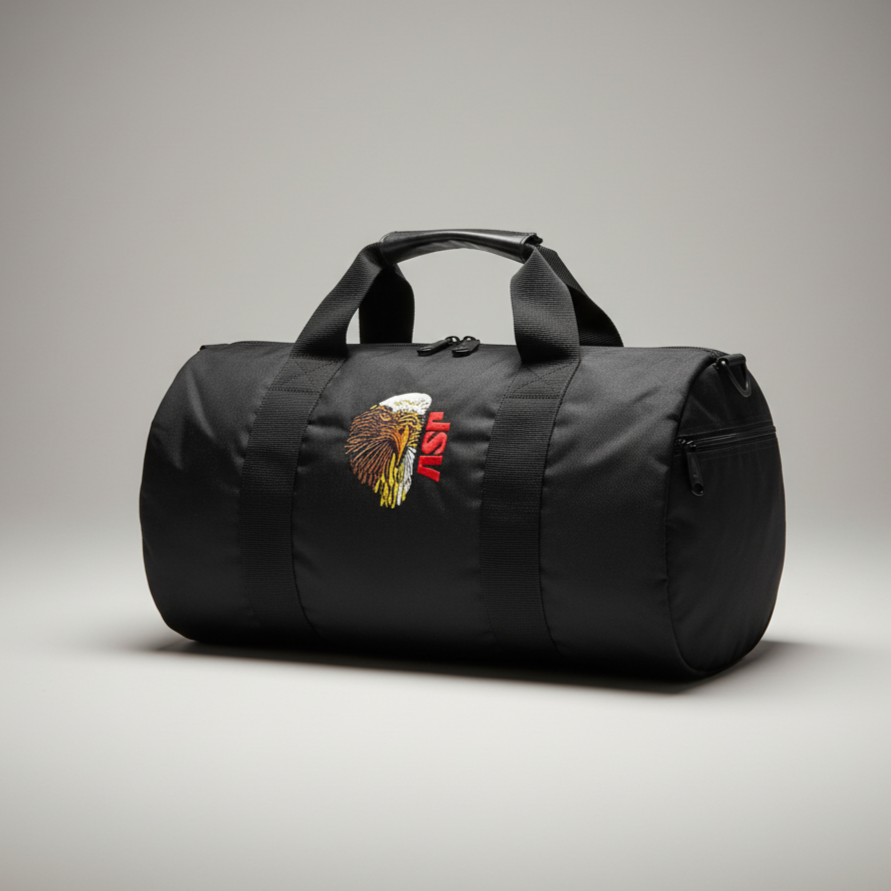 Black duffel bag with a ASP logo on a gray background