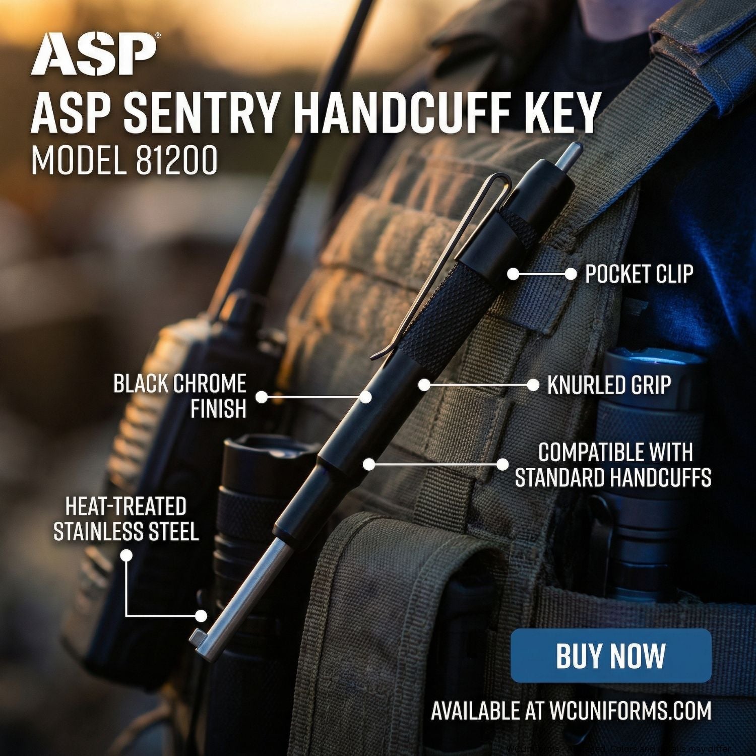 ASP Sentry handcuff key with features highlighted on a tactical vest background
