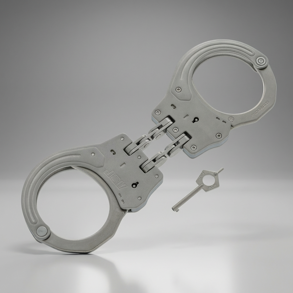 Gray handcuffs with a key on a gray background