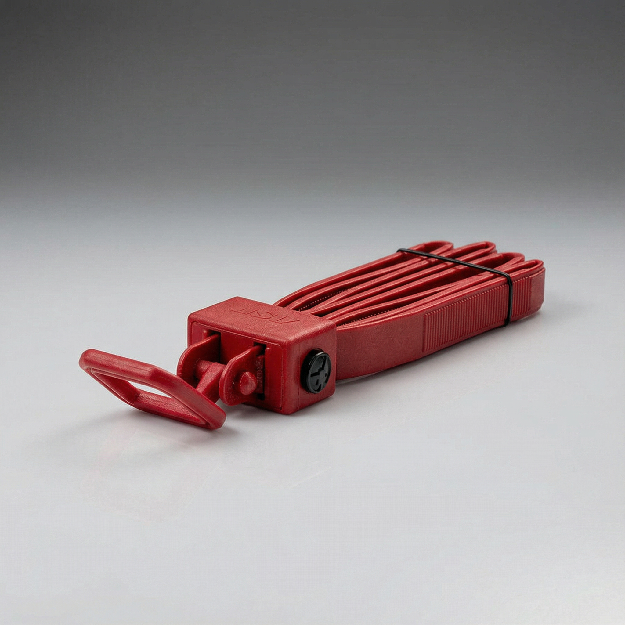 Red disposable handcuffs a gray background