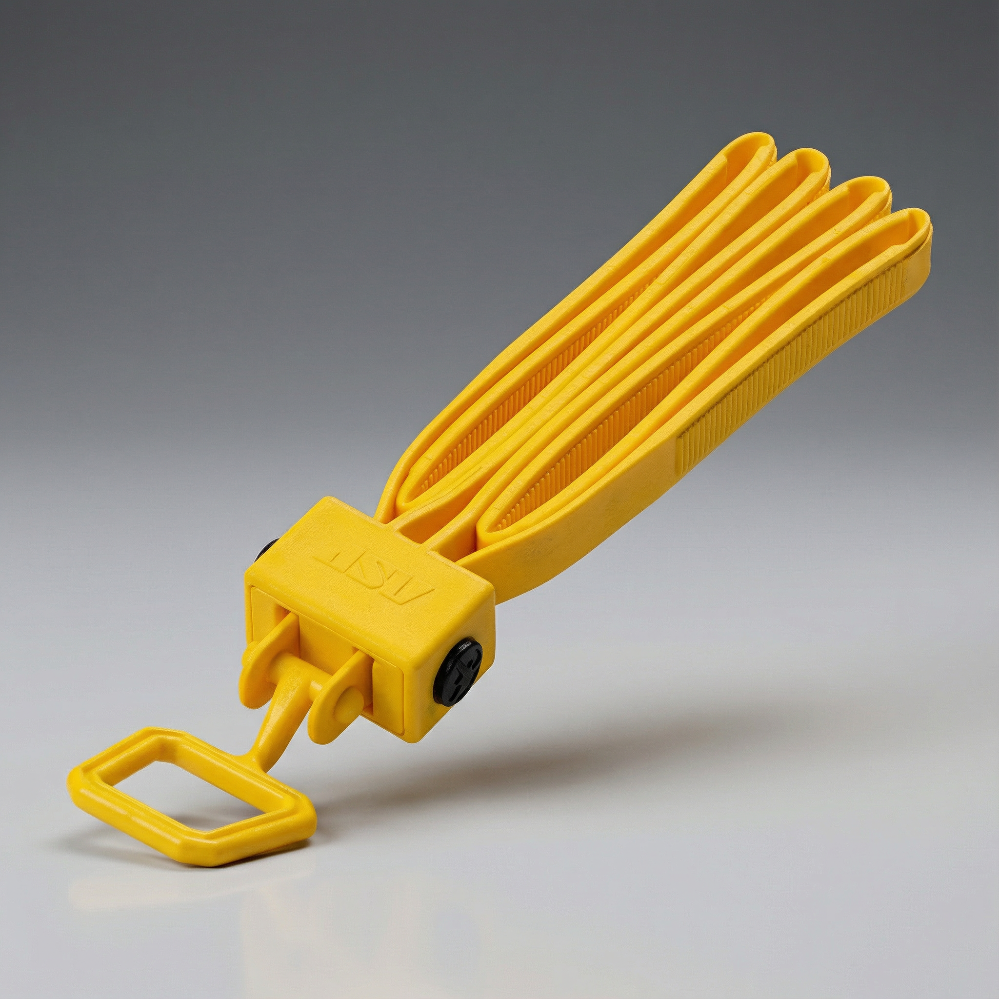 Yellow plastic ASP Yellow Tri-Fold Restraints Disposable Cuffs - 10-Pak | 56196 on a gray background