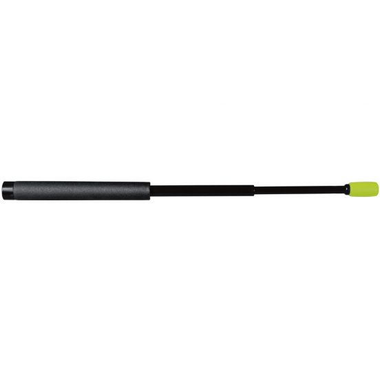 A black Monadnock Autolock expandable baton with a bright lime green tip, shown horizontally against a plain white background.