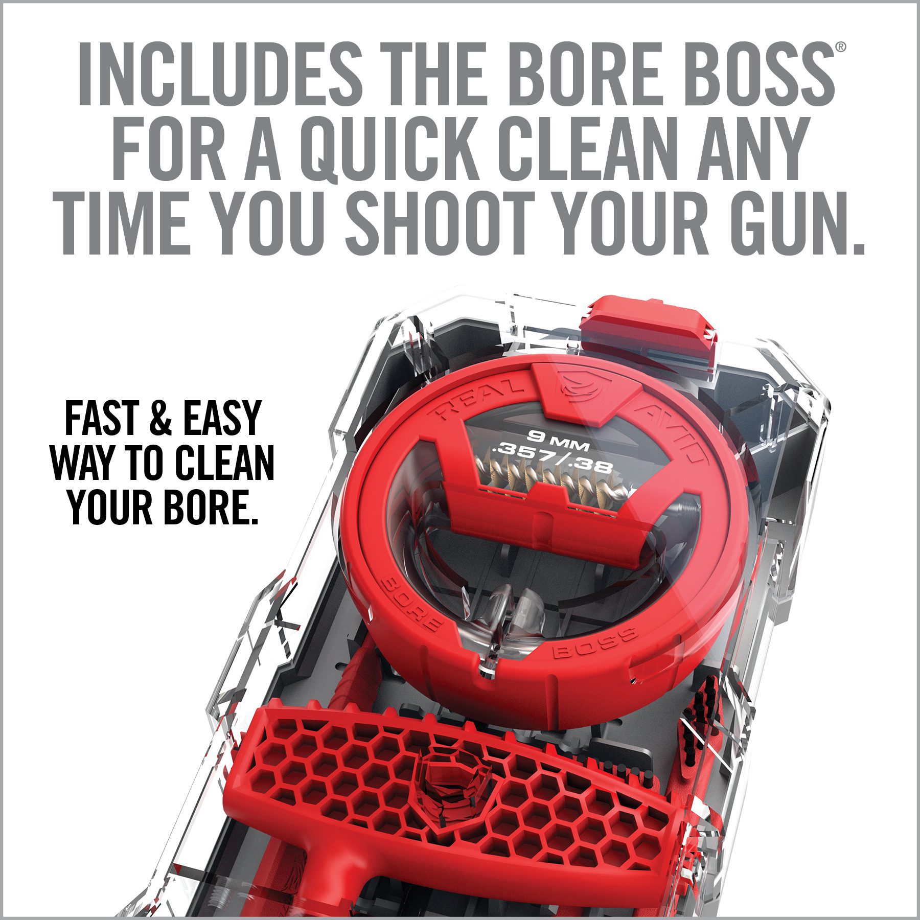 Red gun cleaning device with text about quick cleaning capabilities on a white background