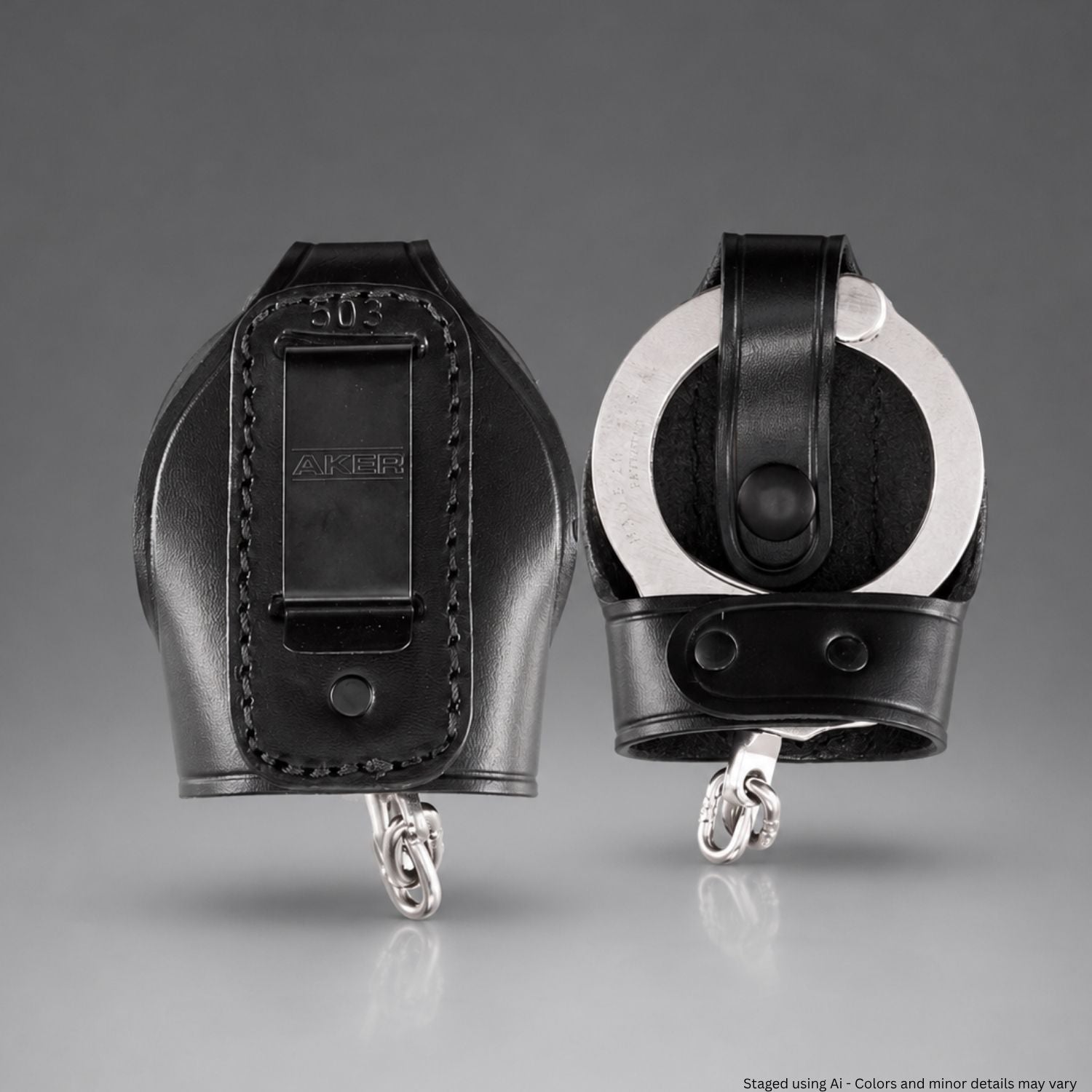 Black leather handcuffs pouch on a gray background