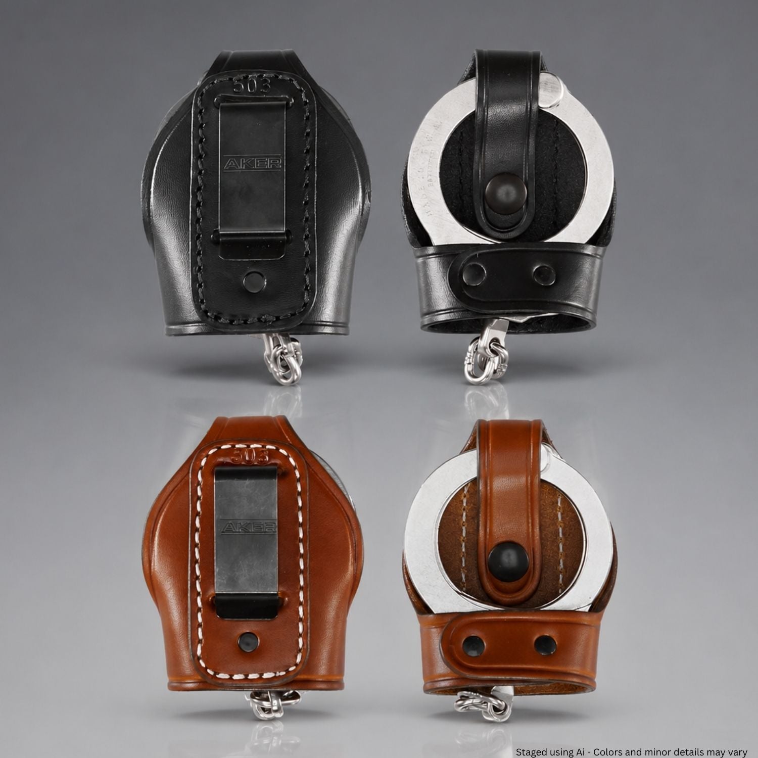 Two pairs of handcuffs in black and brown leather cases on a gray background.
