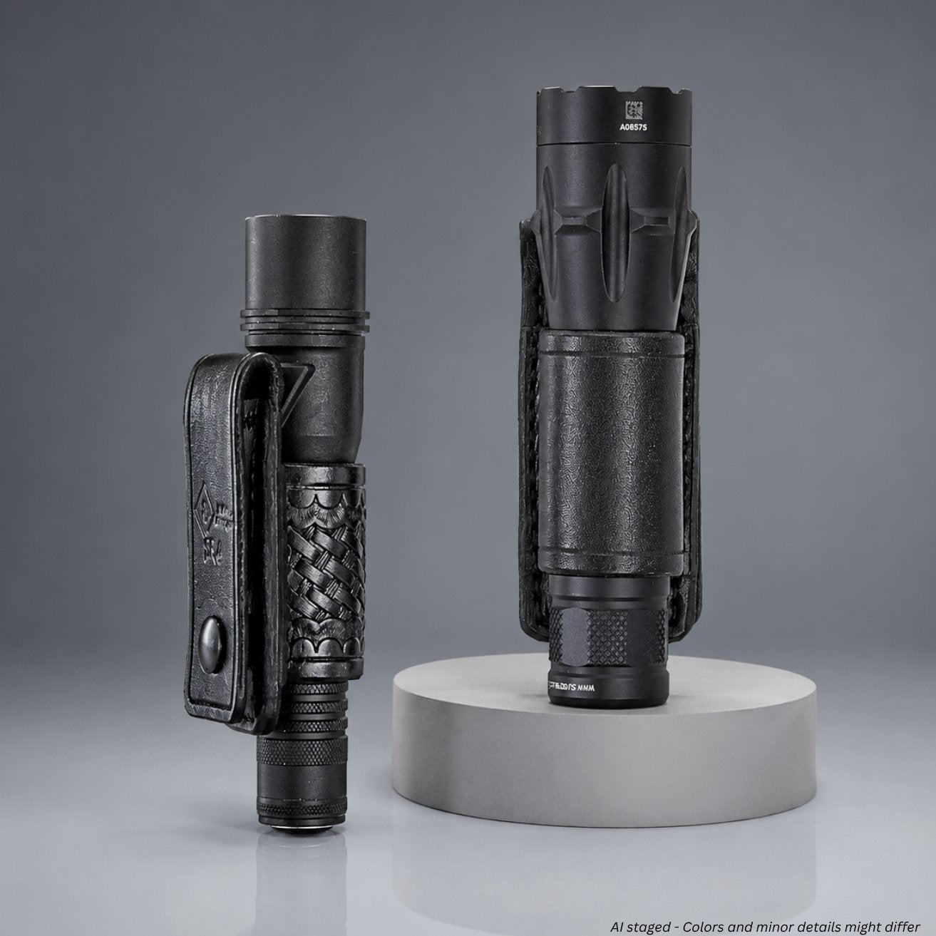 Two black tactical flashlights with holsters on a gray background