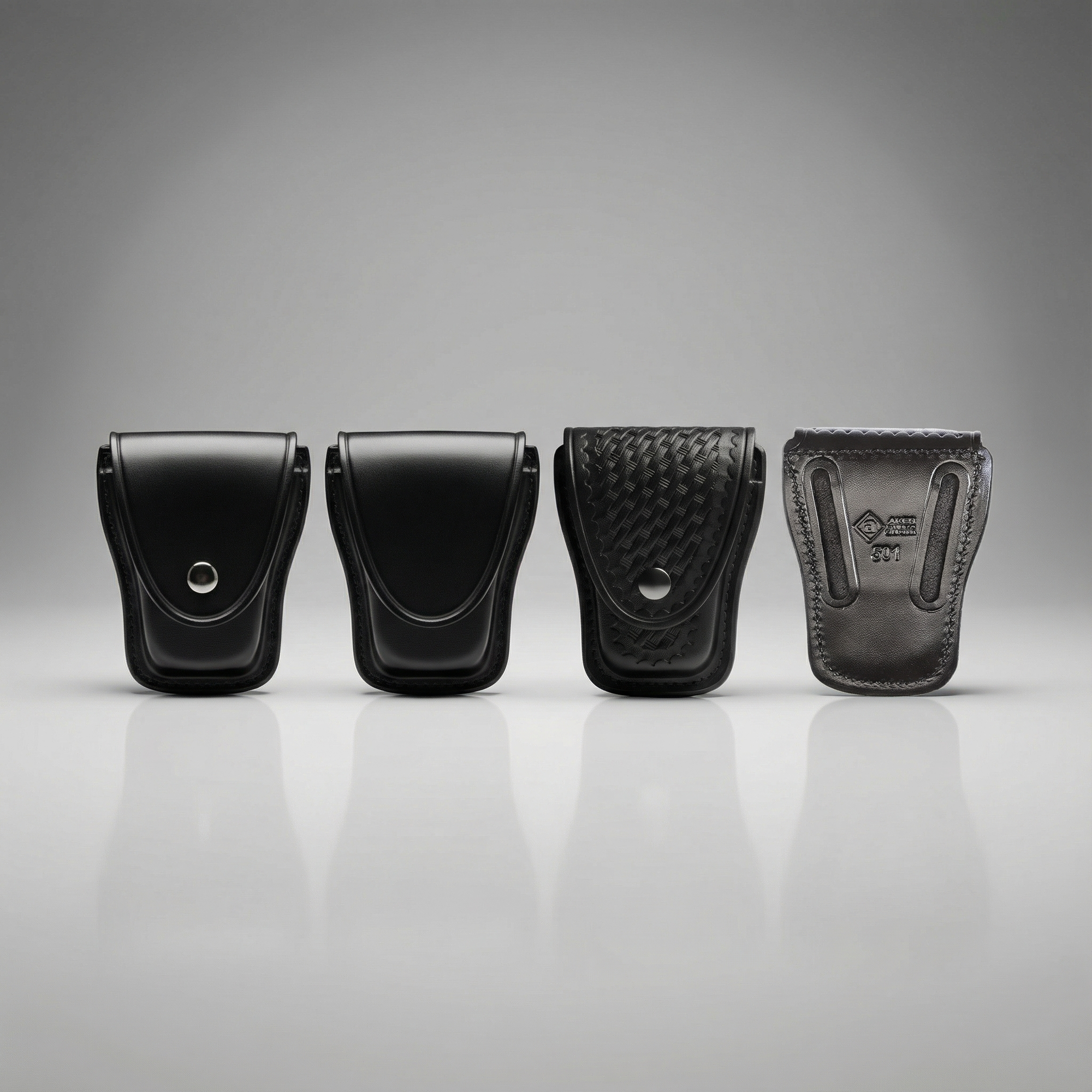 Four black leather pouches of different designs on a gray background