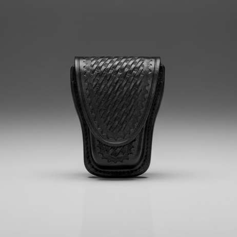 Black leather pouch on a gray background